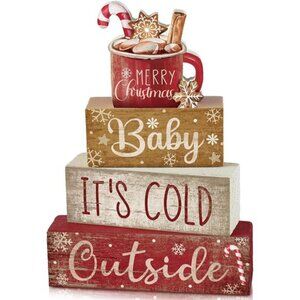 4 Pcs Wooden Christmas Cocoa Decor, Rustic Tiered Tray Signs for Farmhouse Table